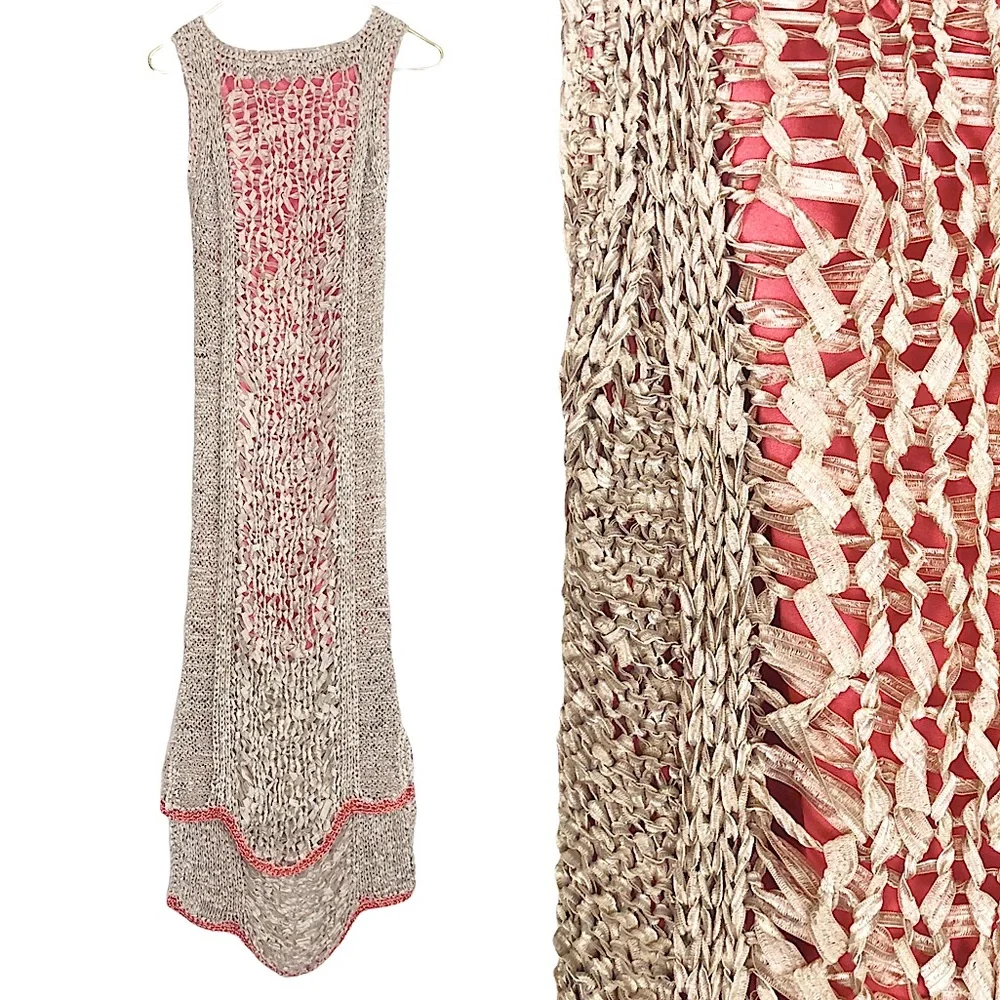 RACHEL ROY Taupe Open Knit Crochet Midi Tank Dress w/ Coral & Metallic Copper - Picture 1 of 8